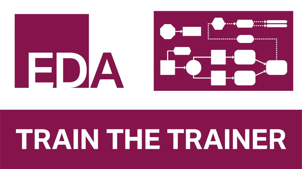 Crimson and white graphic with the EDA logo and a stylised EDA diagram.