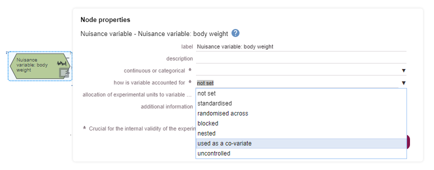 A nuisance variable node properties window is open and the drop down menu showing options for whether the variable is continuous or categorical is open. The option ‘categorical, ordinal, nominal or binary’ is highlighted.