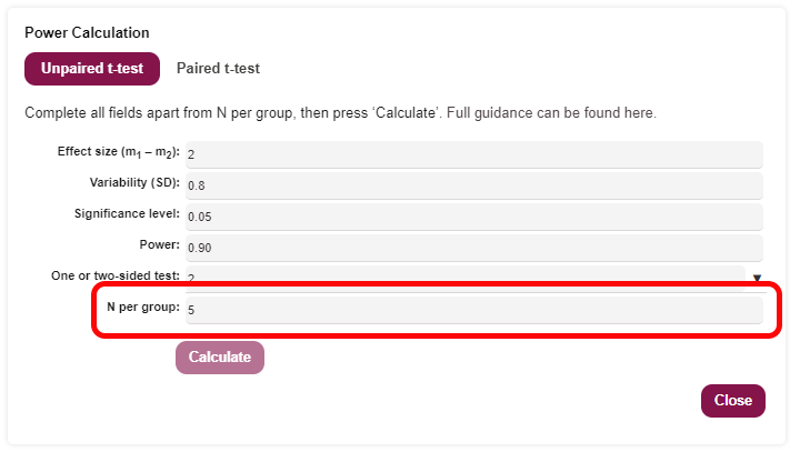 An unpaired t-test power calculator is open with effect size of 2, variability of 0.8, significance level of 0.05, power 0.9 and ‘one or two-sided test’ set at 2. The field ‘N per group’ says ‘5’.