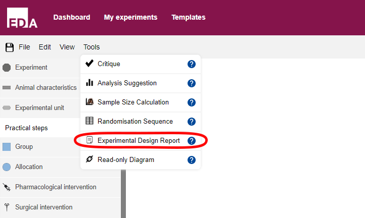 EDA editor window with the tools menu open and experimental design report is circled in red