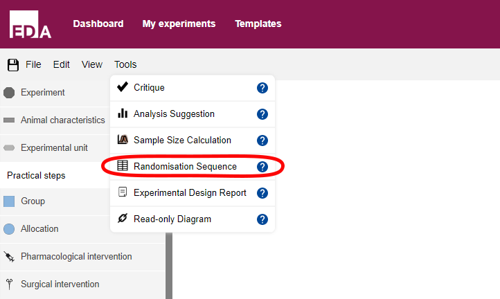 The open tools menu with randomisation sequence circled in red