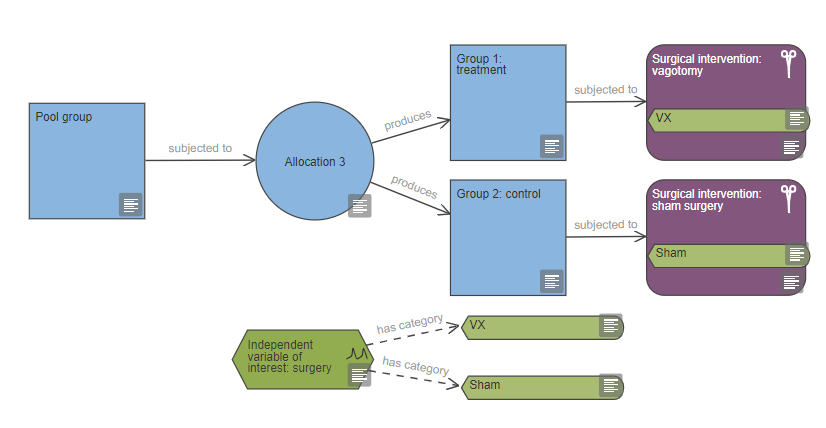 Partial EDA diagram showing an experiment involving a vagotomy surgery and a sham control where variable category nodes have been used to make it clear which group will undergo which surgery.